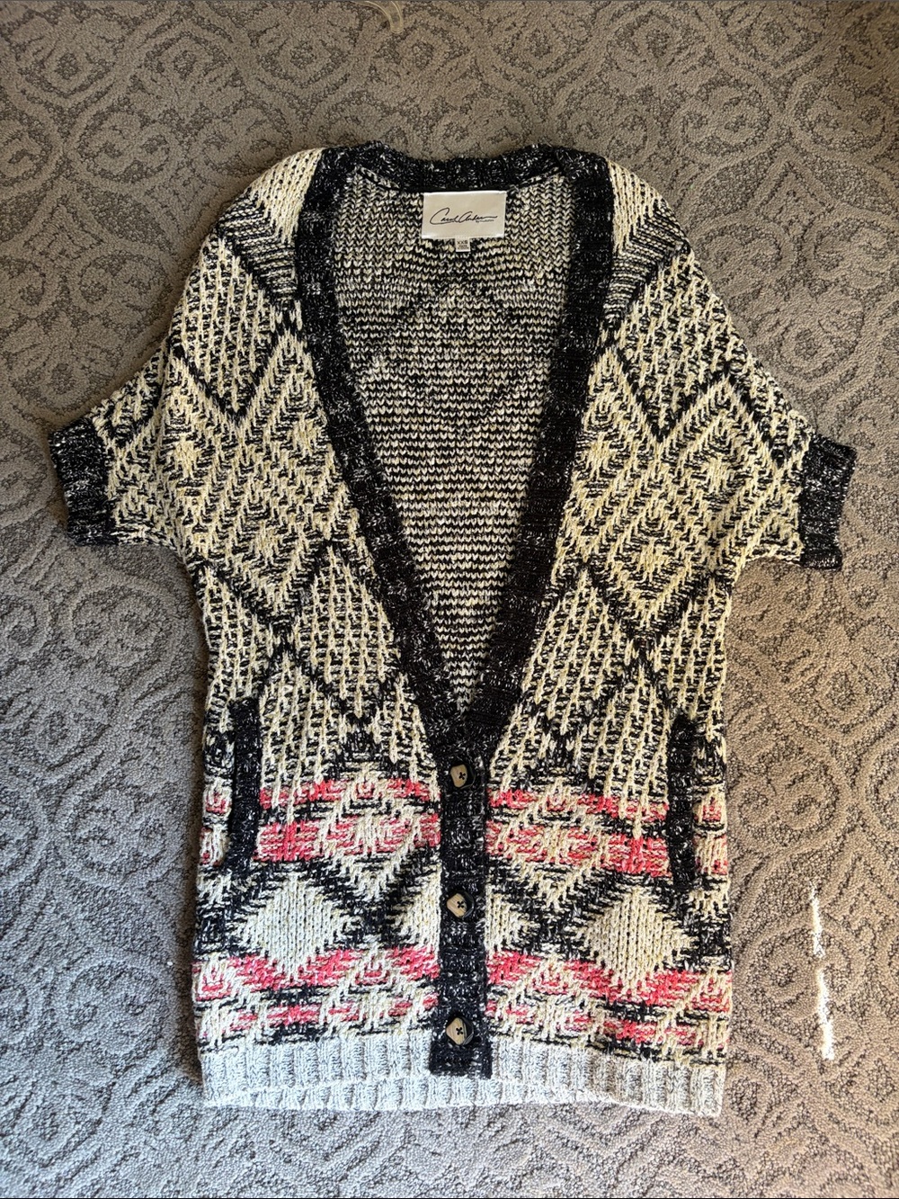 Cabi Short Sleeve Knit Cardigan Sweater - Black, Cream & Pink
